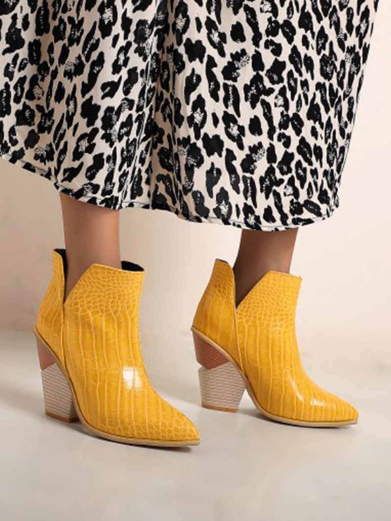Bottines Cuir Bleu Pour Femmes Bout Pointu Talon Épais Imprimé Peau Serpent - Jaune
