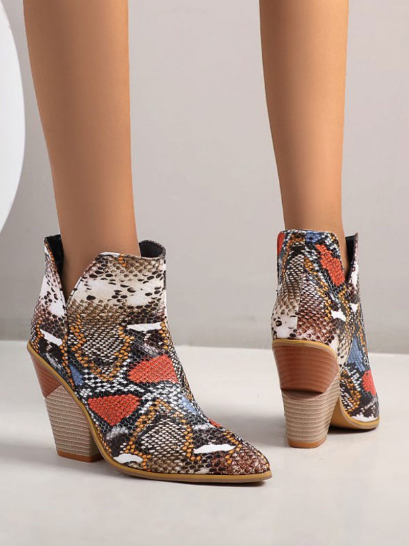Bottines Cuir Bleu Pour Femmes Bout Pointu Talon Épais Imprimé Peau Serpent - Café Marron