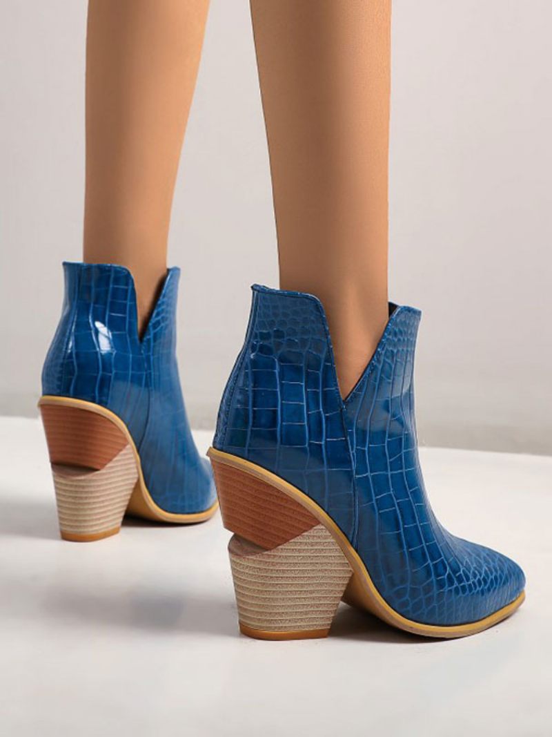 Bottines Cuir Bleu Pour Femmes Bout Pointu Talon Épais Imprimé Peau Serpent - Bleu