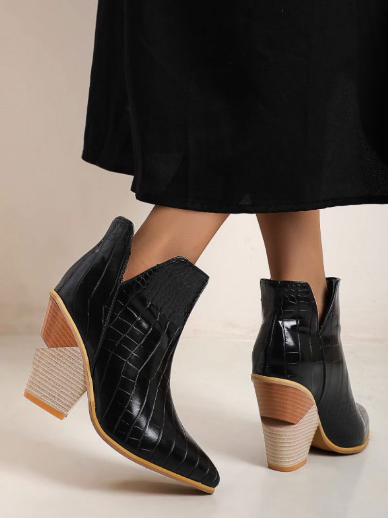 Bottines Cuir Bleu Pour Femmes Bout Pointu Talon Épais Imprimé Peau Serpent - Noir
