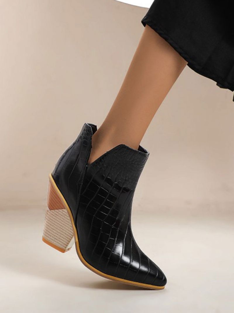 Bottines Cuir Bleu Pour Femmes Bout Pointu Talon Épais Imprimé Peau Serpent - Noir