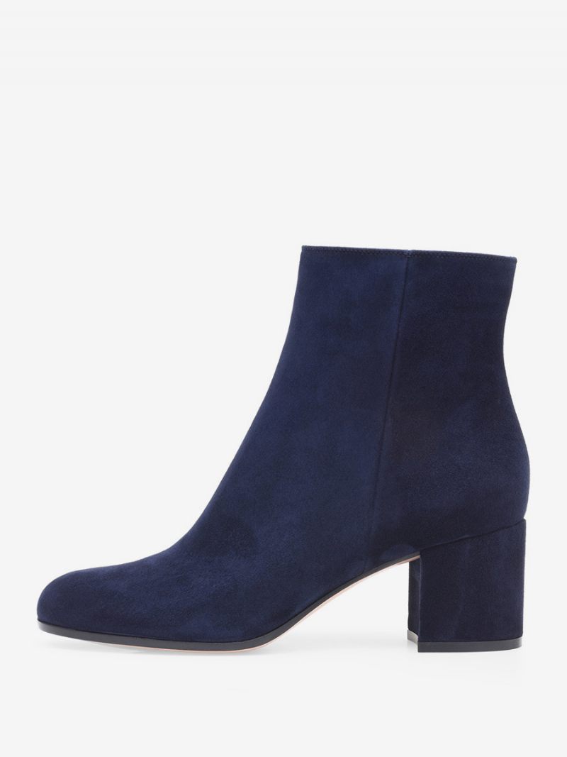 Bottines Daim À Bout Rond Et Talon Épais Pour Femmes - Marine Foncé