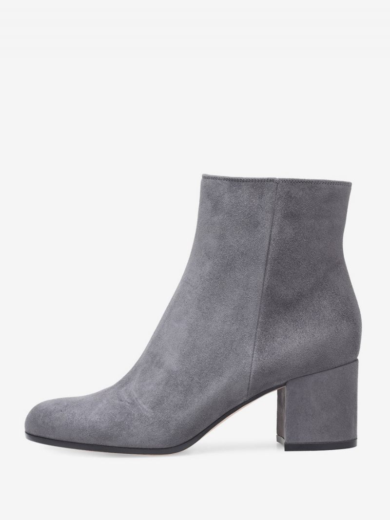 Bottines Daim À Bout Rond Et Talon Épais Pour Femmes - Gris Clair