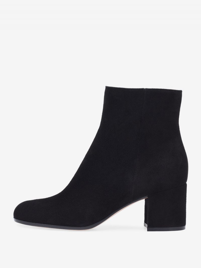 Bottines Daim À Bout Rond Et Talon Épais Pour Femmes - Noir