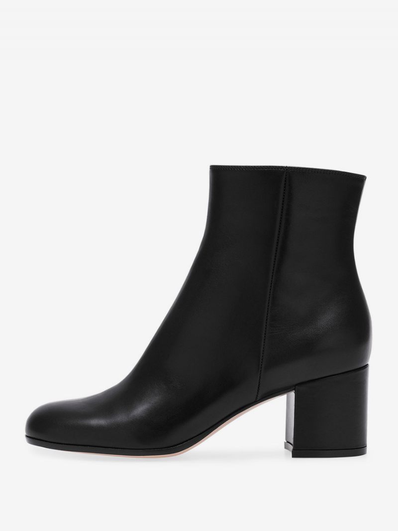 Bottines Daim À Bout Rond Et Talon Épais Pour Femmes - Pu Noir