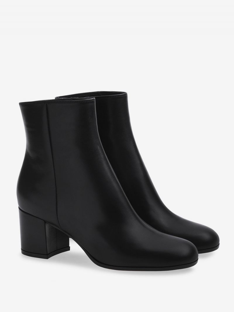 Bottines Daim À Bout Rond Et Talon Épais Pour Femmes - Pu Noir