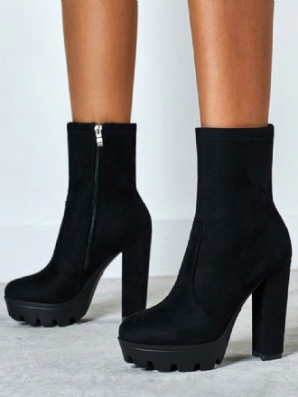 Bottines Femmes Noir Micro Daim Bout Rond Talon Épais À Talons Hauts