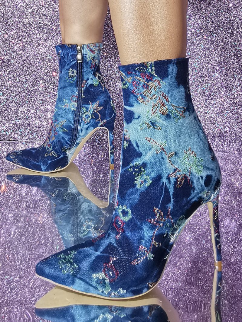 Bottines Pour Femmes Toile À Bout Pointu Et Talons Hauts Brodées