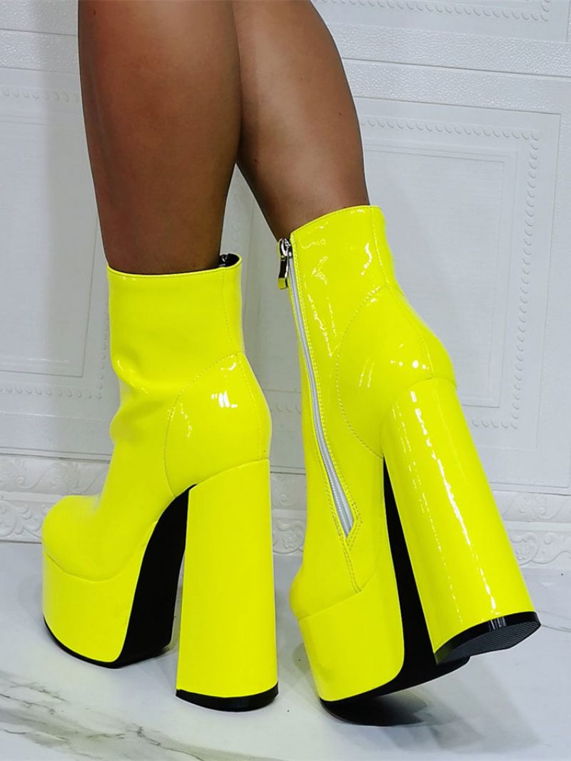 Bottines Géométriques À Bout Rond Pour Femmes Talon Épais Cuir Pu Jaune - Jaune