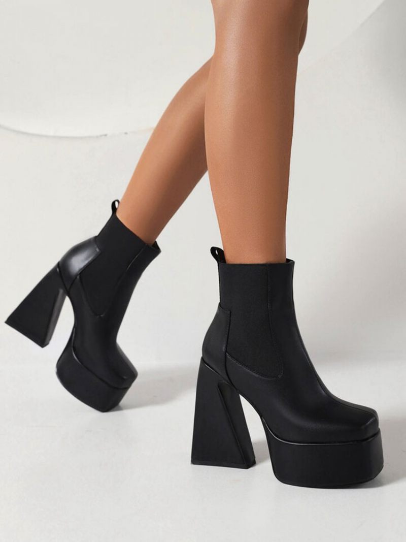 Bottines Noires Pour Femmes À Plateforme Bout Carré Talon Épais