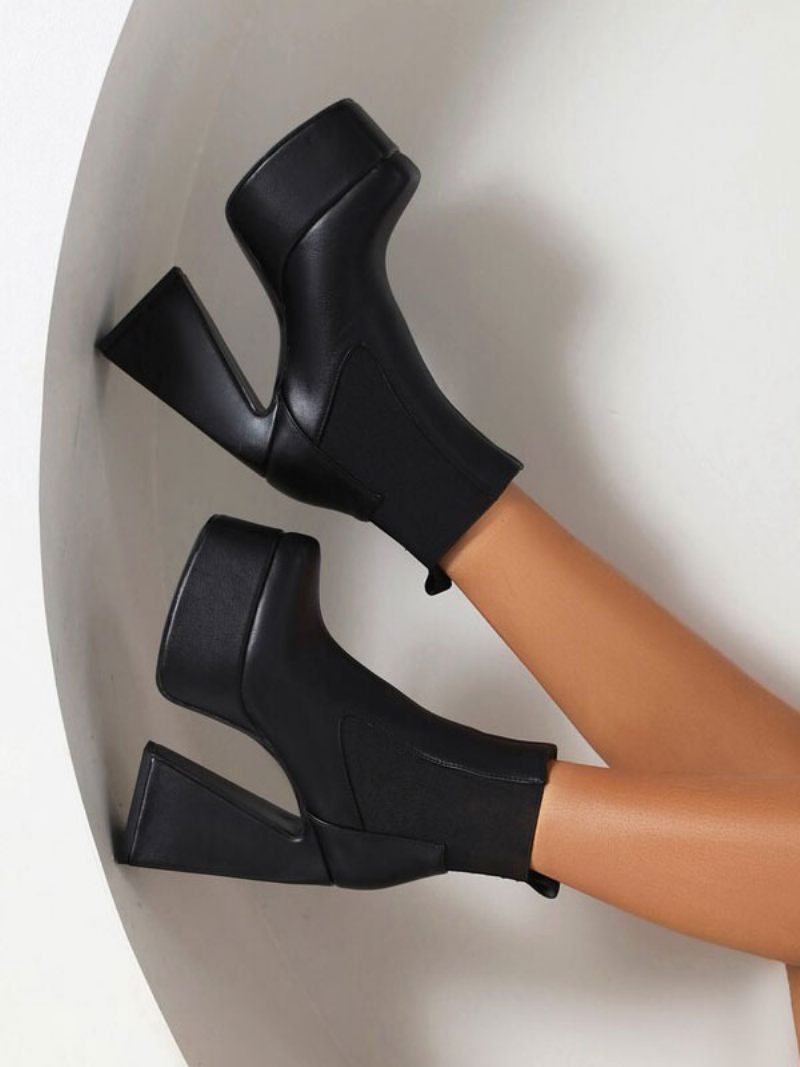 Bottines Noires Pour Femmes À Plateforme Bout Carré Talon Épais - Noir