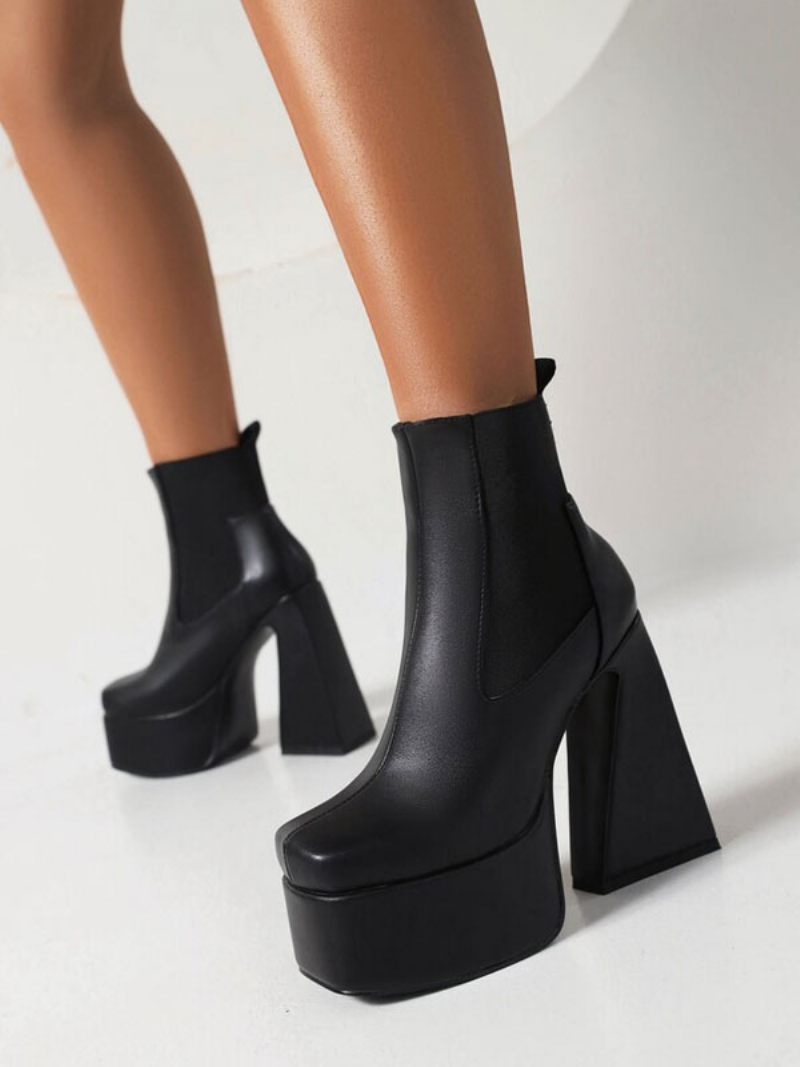 Bottines Noires Pour Femmes À Plateforme Bout Carré Talon Épais - Noir