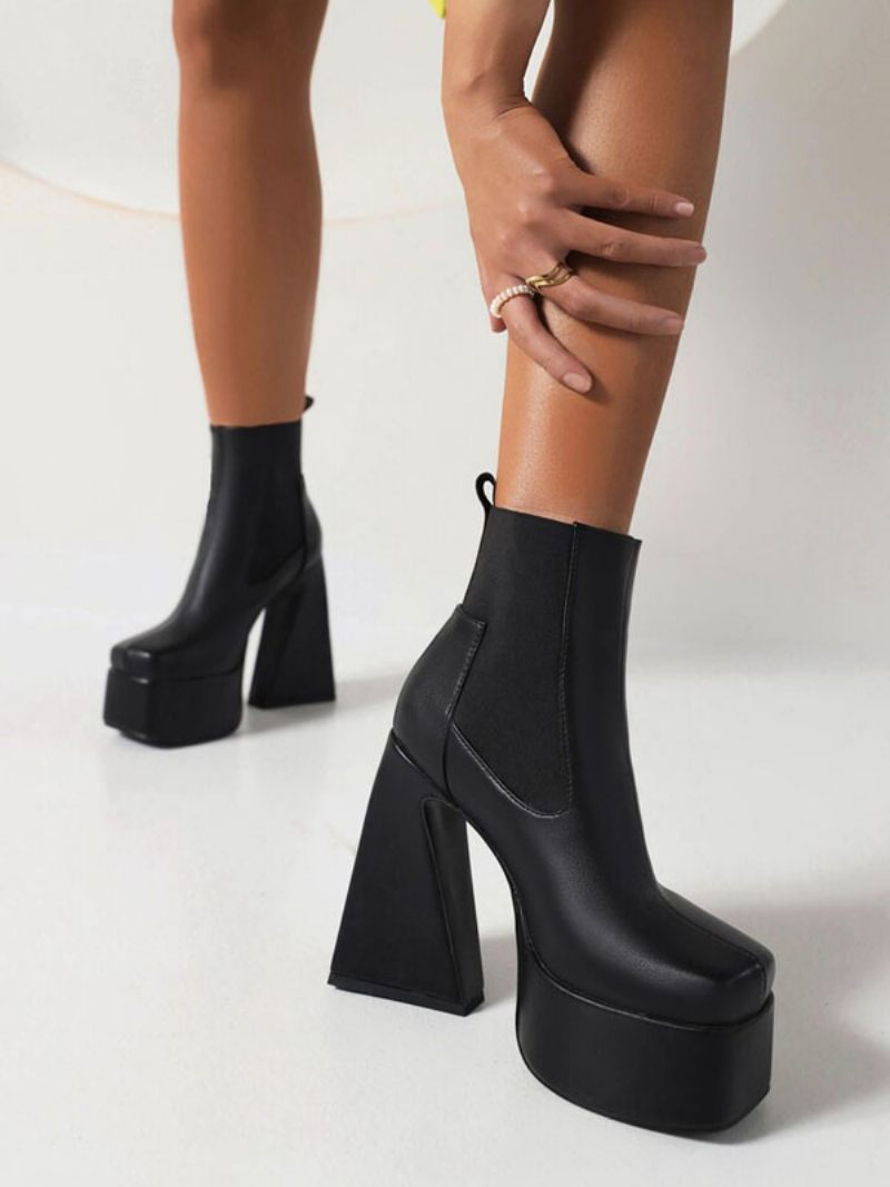 Bottines Noires Pour Femmes À Plateforme Bout Carré Talon Épais - Noir
