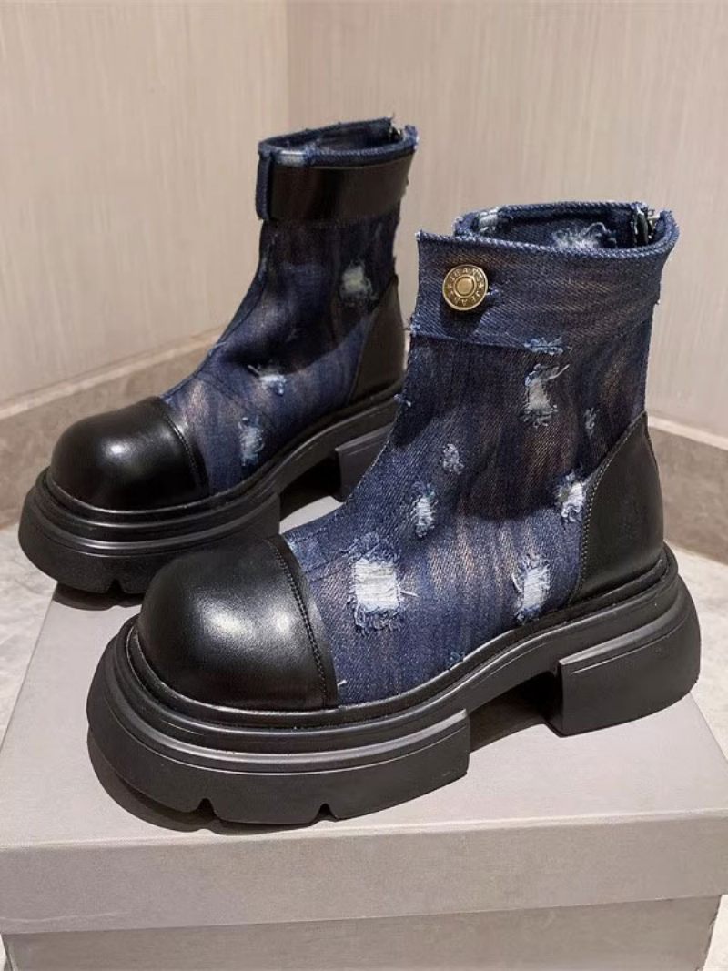 Bottines Plates À Bout Rond Denim Patchwork Pour Femmes - Bleu Profond