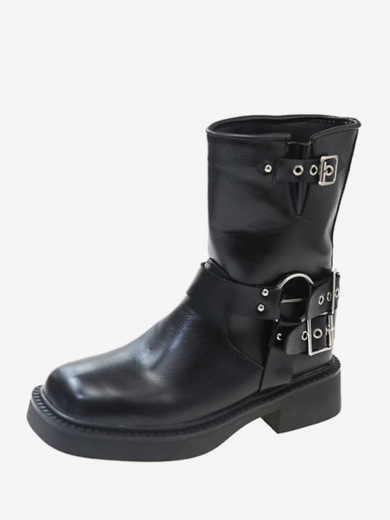 Bottines Plates Pour Femmes Marron À Bout Rond Et Boucle - Noir