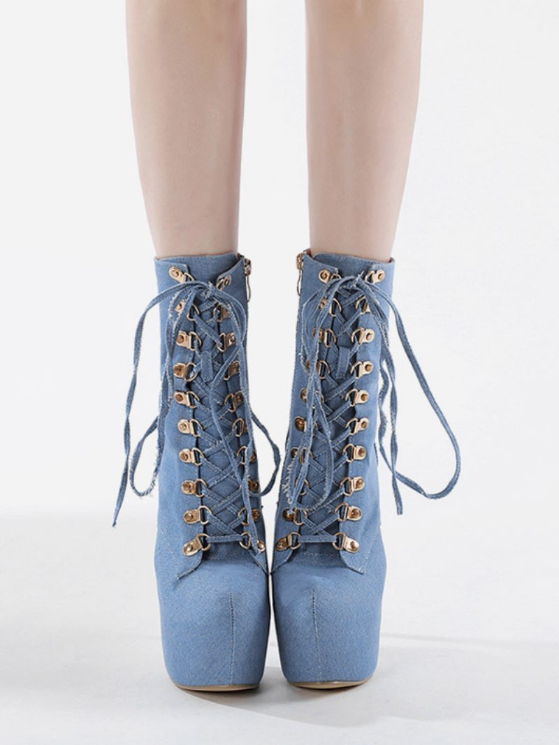 Bottines Sexy Pour Femmes Toile À Bout Rond Et Talon Aiguille Lacets - Bleu Ciel Clair