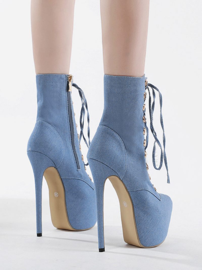 Bottines Sexy Pour Femmes Toile À Bout Rond Et Talon Aiguille Lacets - Bleu Ciel Clair