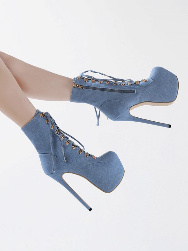 Bottines Sexy Pour Femmes Toile À Bout Rond Et Talon Aiguille Lacets - Bleu Ciel Clair
