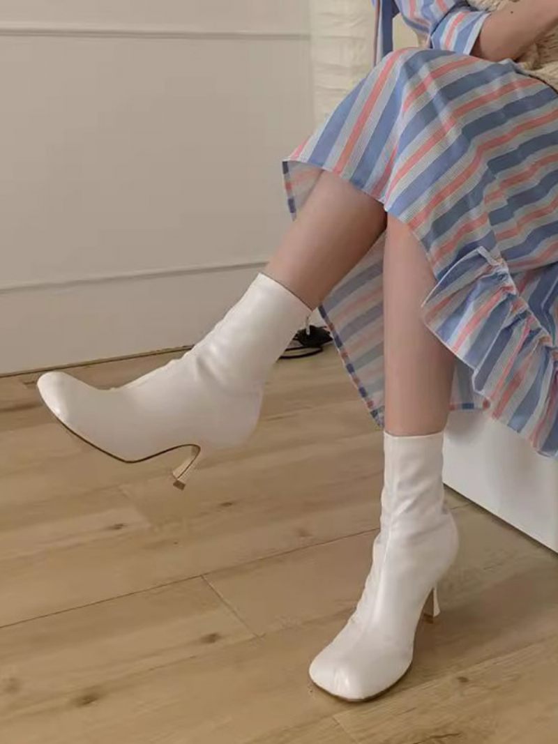Bottines À Talons Aiguilles Bout Carré Pour Femmes - Blanc