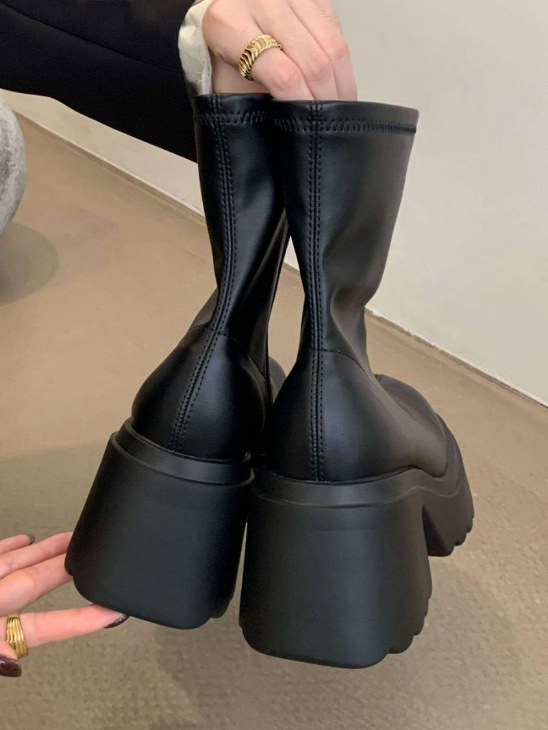 Bottines À Talons Épais Cuir Pu Pour Femmes - Noir