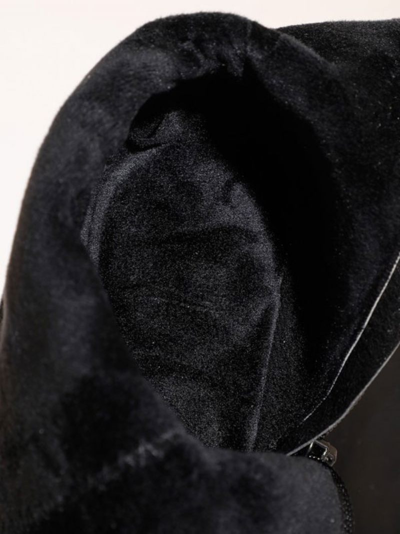 Cuissardes Pour Femmes Bottes D'hiver Cuir Pu Noir À Bout Carré Et Talon Épais - Noir