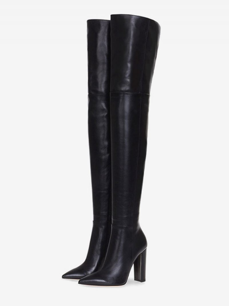 Cuissardes Femmes Couleur Unie Bout Pointu Talon Épais Sur Les Bottes Au Genou