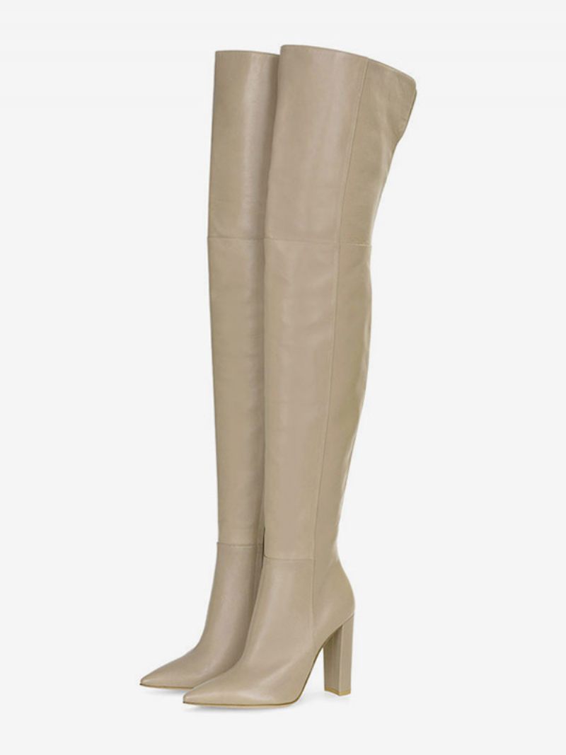 Cuissardes Femmes Couleur Unie Bout Pointu Talon Épais Sur Les Bottes Au Genou - Jaune / Rouge