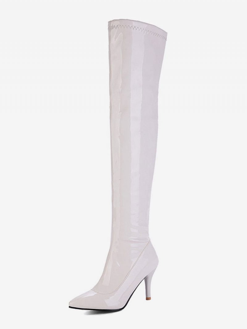 Cuissardes Pour Femmes Cuir Verni À Bout Pointu Brillant Talons Aiguilles - Blanc