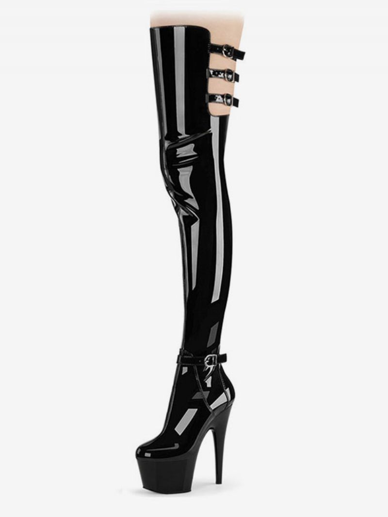 Cuissardes Pour Femmes Imprimé Léopard Bout Rond Talon Aiguille Pu Cuir Naissance - Noir