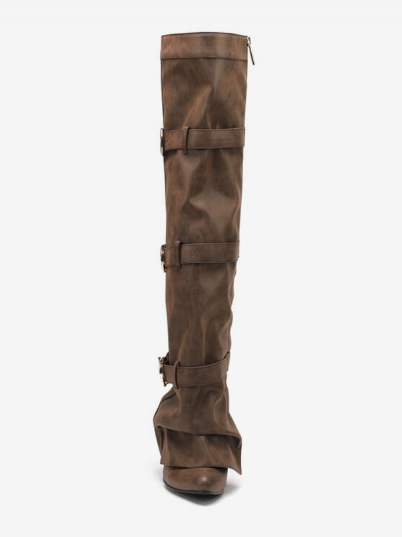 Cuissardes Marron Pour Femmes Bottes Repliées À Bout Pointu Avec Boucle - Marron Café