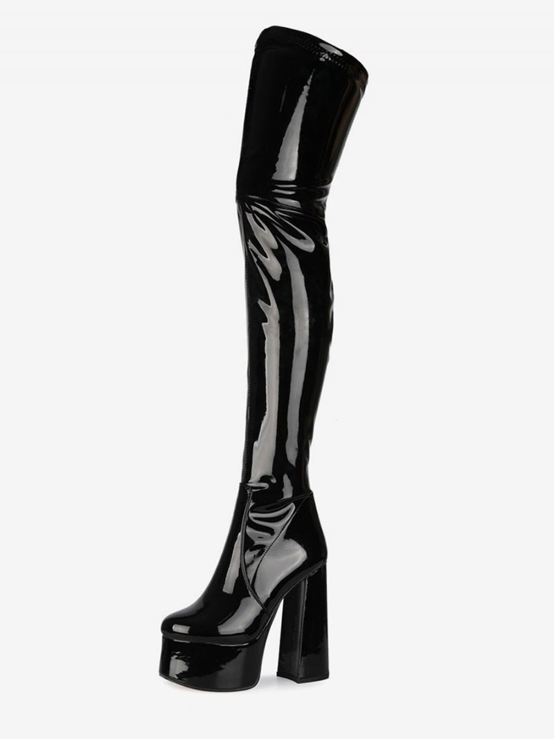Cuissardes Noires À Bout Rond Et Talon Épais Plateforme Talons Hauts Bottes D'hiver Cuir Brillant Pour Femmes