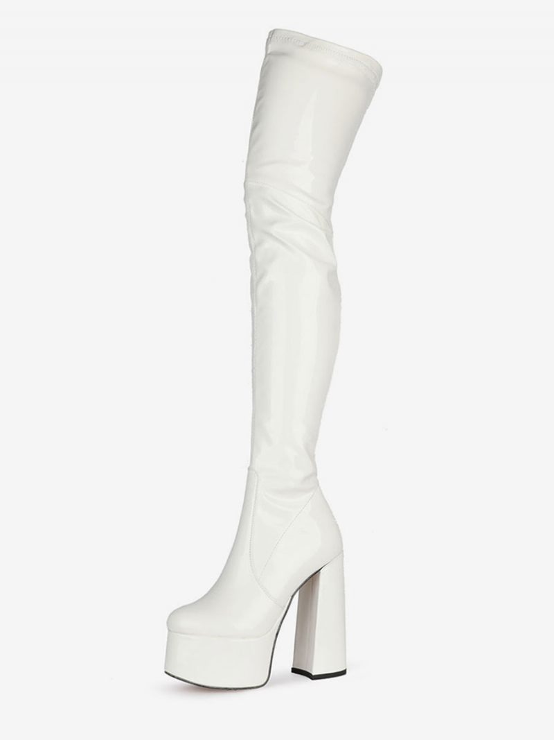 Cuissardes Noires À Bout Rond Et Talon Épais Plateforme Talons Hauts Bottes D'hiver Cuir Brillant Pour Femmes - Blanc