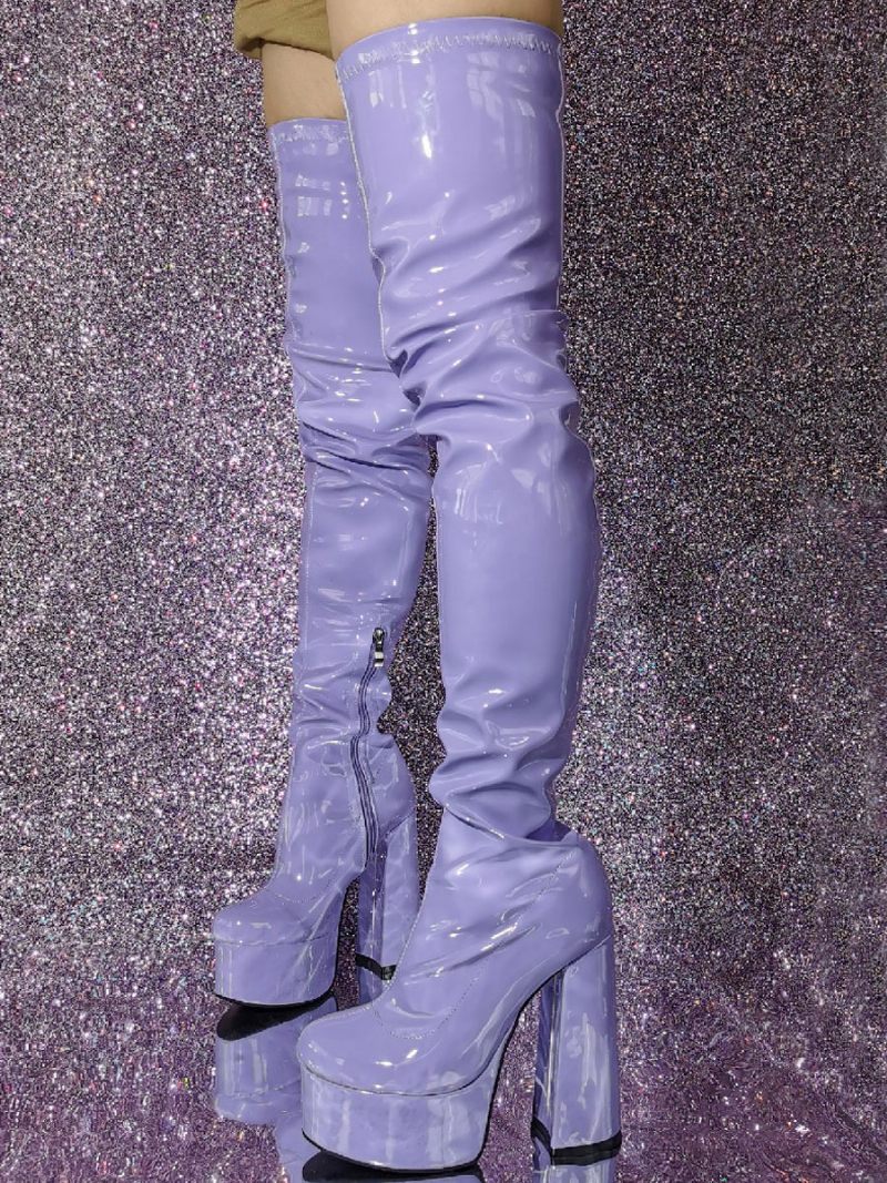 Cuissardes Sexy Femmes Bout Rond Talon Épais Plate-forme Sur Les Bottes Au Genou - Lavande