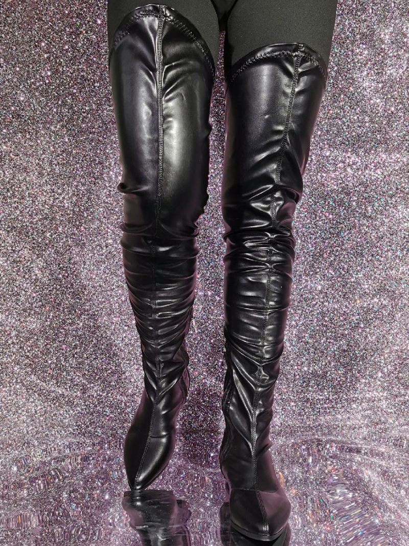 Cuissardes À Talon Chiot Pour Femmes Cuir Pu - Noir
