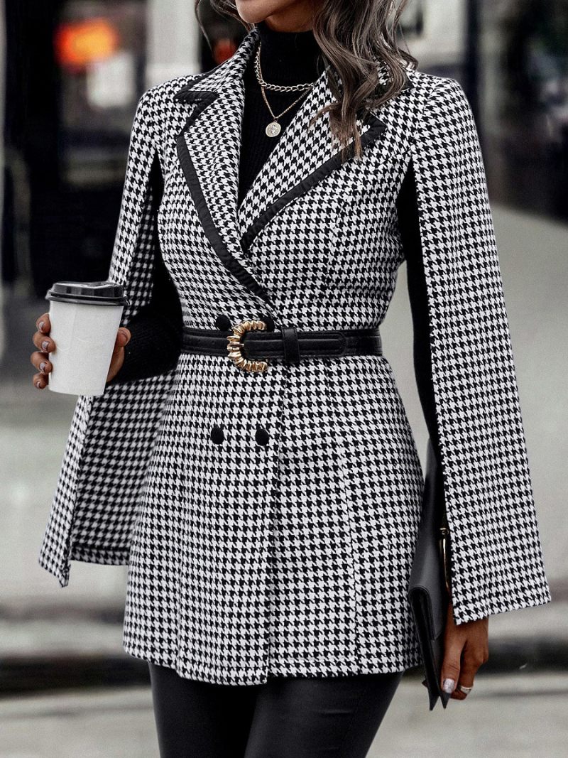 Blazer Pied-de-poule Pour Femmes Col V Ceinture Manches Longues Veste D'affaires Décontractée - Noir