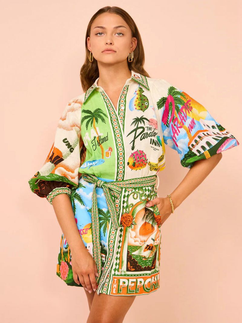 Robe Chemise Pour Femmes Imprimé Plantes Tropicales Ceinturée Robes Courtes Décontractées