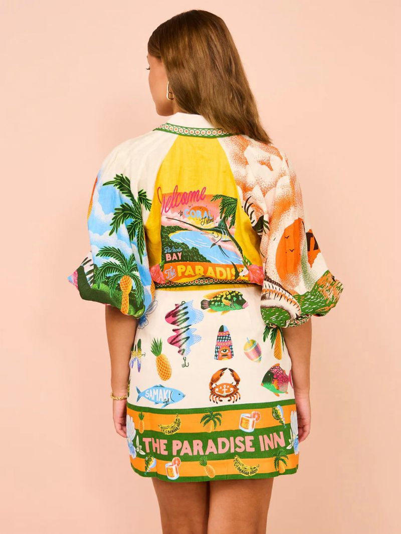 Robe Chemise Pour Femmes Imprimé Plantes Tropicales Ceinturée Robes Courtes Décontractées - Vert