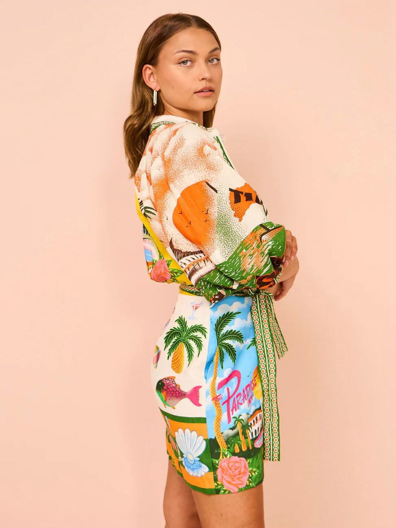 Robe Chemise Pour Femmes Imprimé Plantes Tropicales Ceinturée Robes Courtes Décontractées - Vert