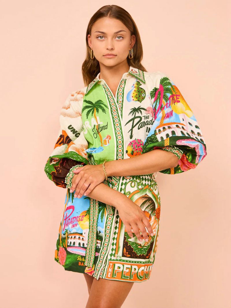 Robe Chemise Pour Femmes Imprimé Plantes Tropicales Ceinturée Robes Courtes Décontractées - Vert