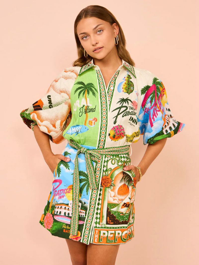 Robe Chemise Pour Femmes Imprimé Plantes Tropicales Ceinturée Robes Courtes Décontractées - Vert