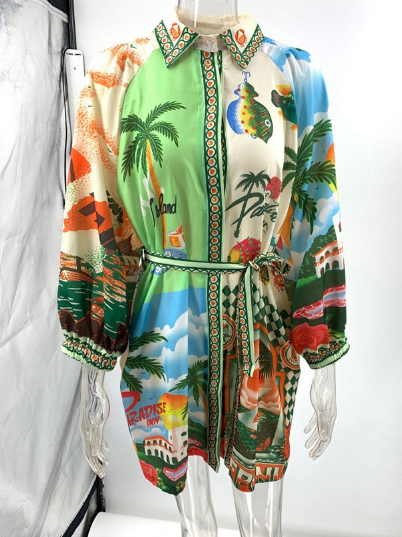 Robe Chemise Pour Femmes Imprimé Plantes Tropicales Ceinturée Robes Courtes Décontractées - Vert