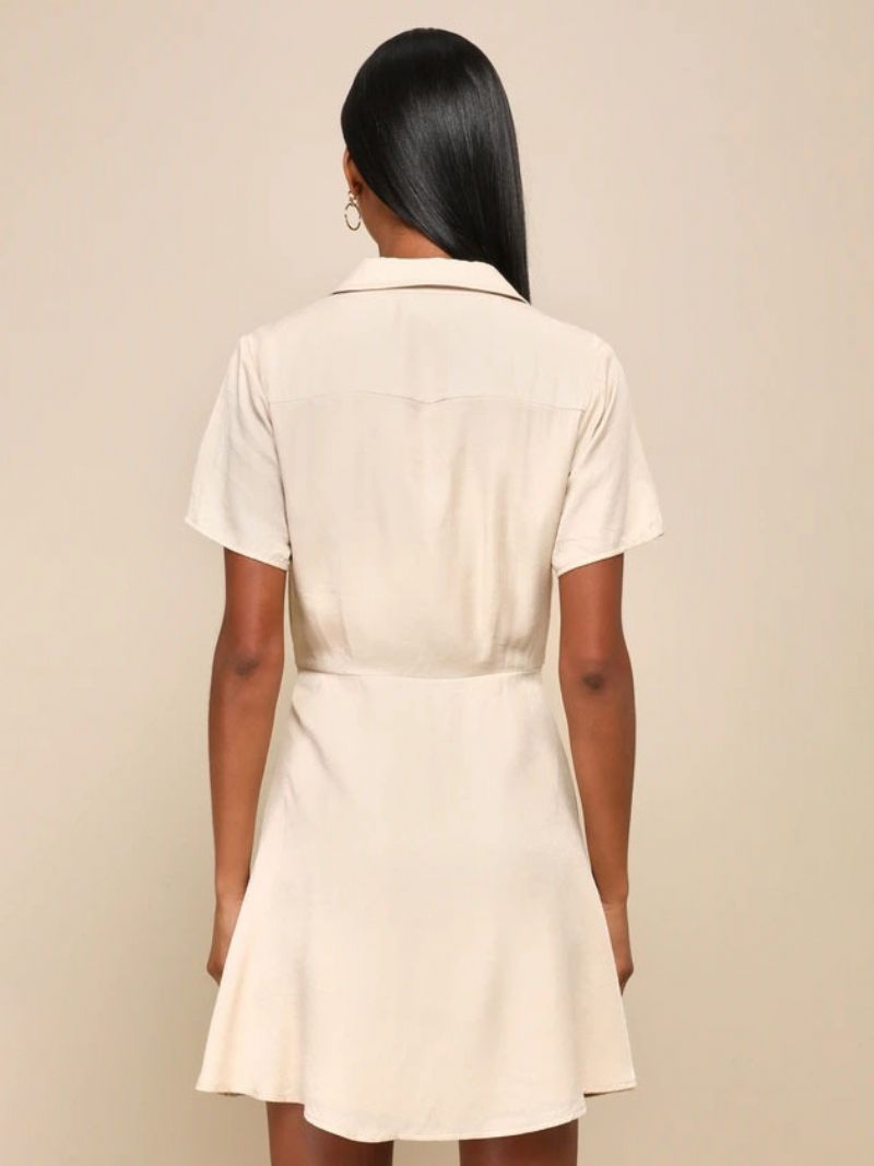 Robes Chemise Pour Femmes Blanc Col V Boutons Manches Courtes Polyester Surdimensionné Mini - Blanc