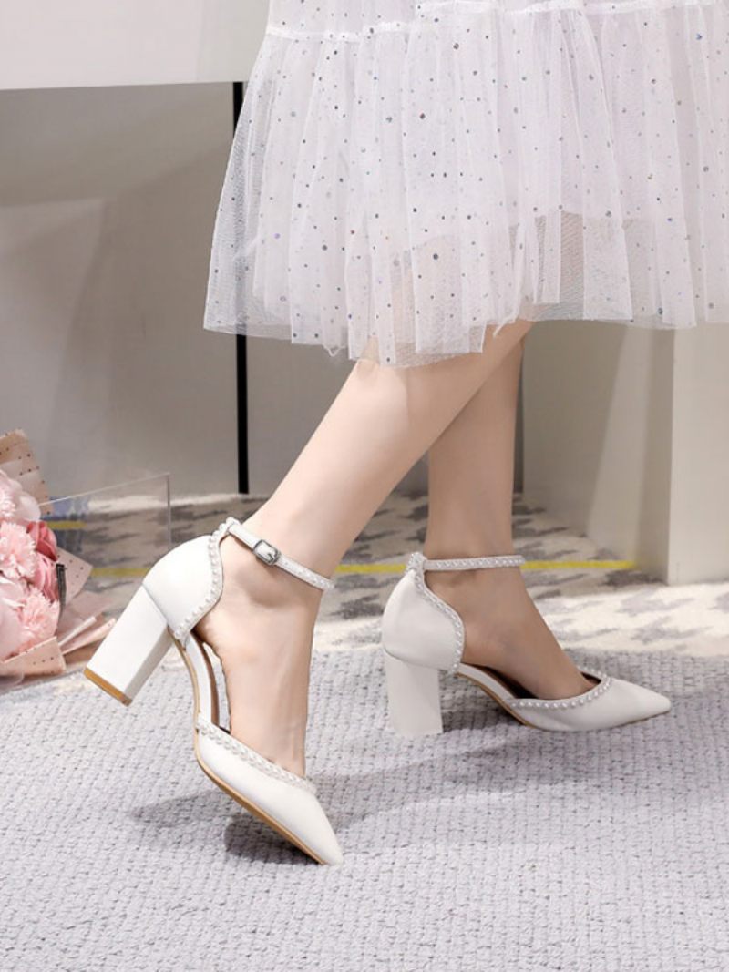 Chaussures Mariage Blanches Pour Femmes Escarpins Mariée À Bout Pointu Avec Perles Et Talons Blocs - Blanc