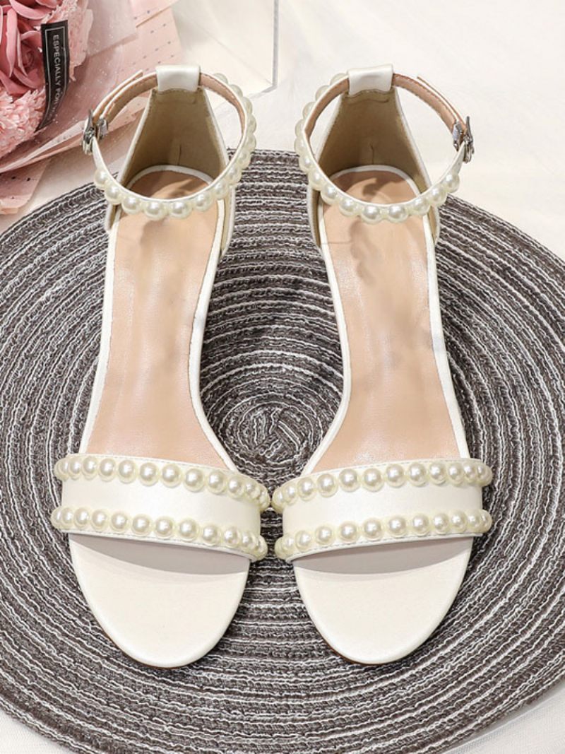 Chaussures Mariage Blanches Pour Femmes Sandales Mariée À Talons Hauts Avec Bride La Cheville Et Perles - Blanc