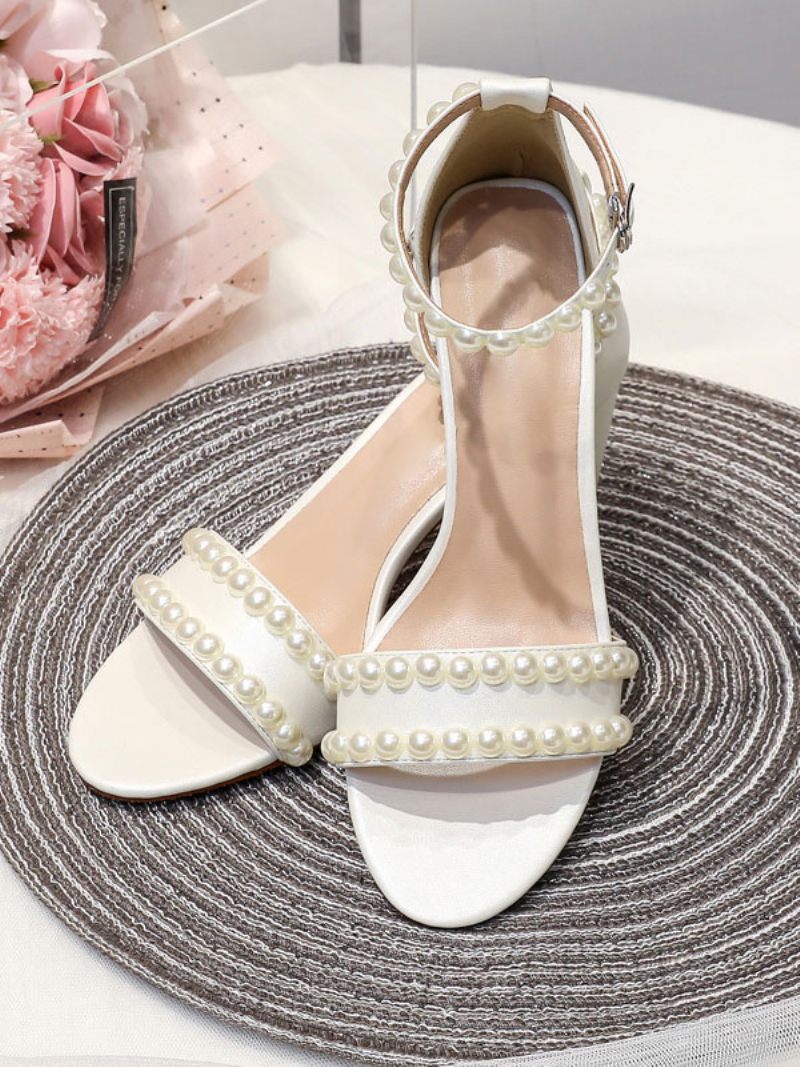 Chaussures Mariage Blanches Pour Femmes Sandales Mariée À Talons Hauts Avec Bride La Cheville Et Perles - Blanc