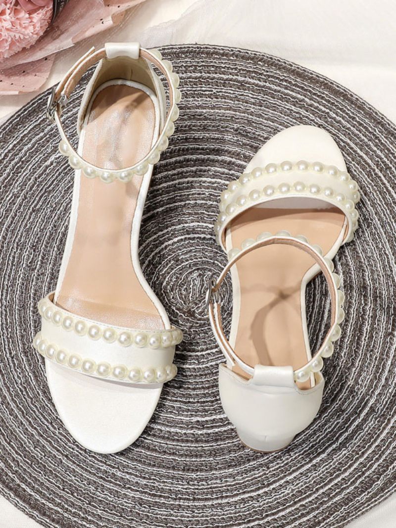 Chaussures Mariage Blanches Pour Femmes Sandales Mariée À Talons Hauts Avec Bride La Cheville Et Perles - Blanc