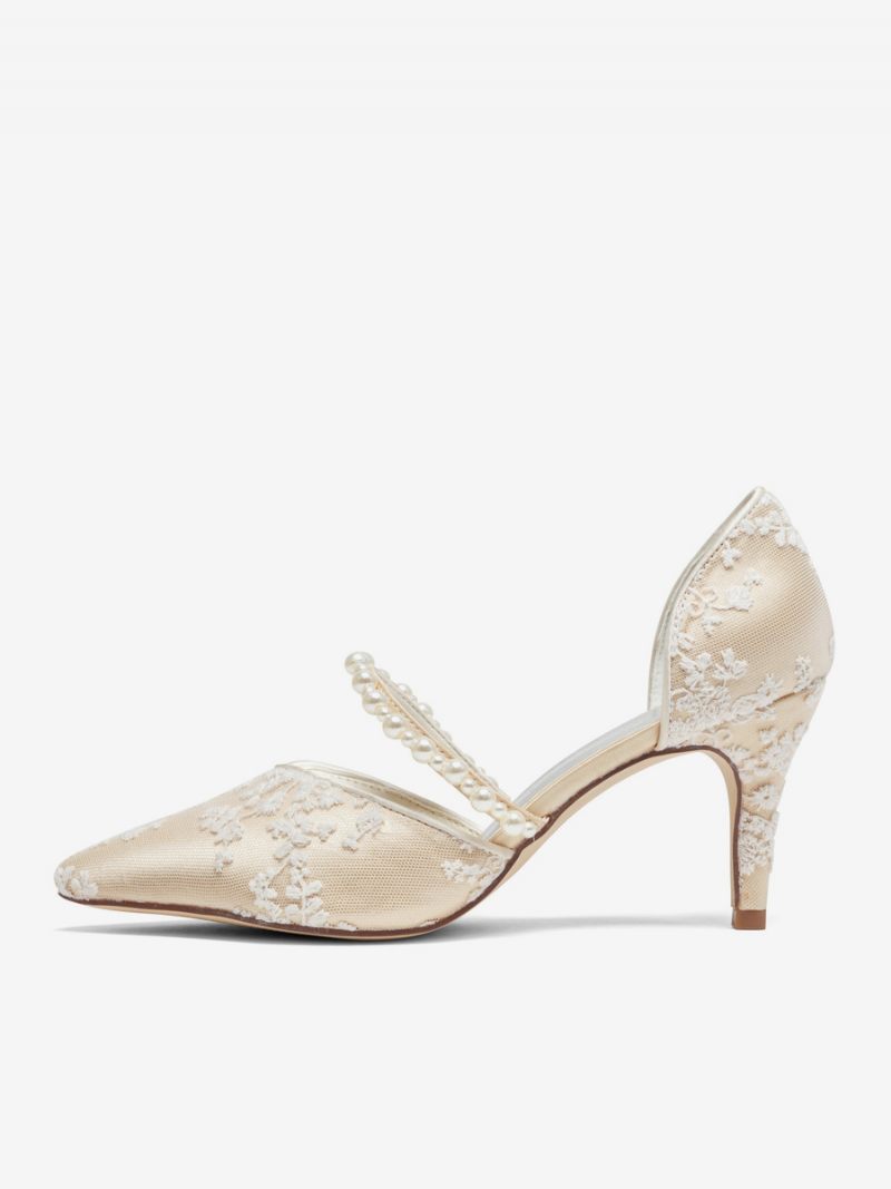 Chaussures Mariage Champagne Pour Femmes Escarpins Mariée Brodés Fleurs Dentelle Et Perles - Champagne