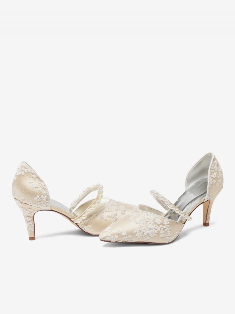 Chaussures Mariage Champagne Pour Femmes Escarpins Mariée Brodés Fleurs Dentelle Et Perles - Champagne