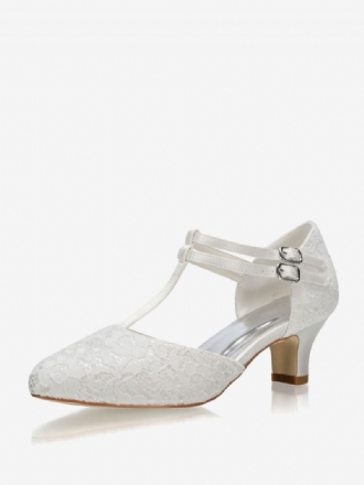 Chaussures Mariage Dentelle Pour Femmes Ivoire Bout Pointu Type T Boucle Détail Mariée Vintage