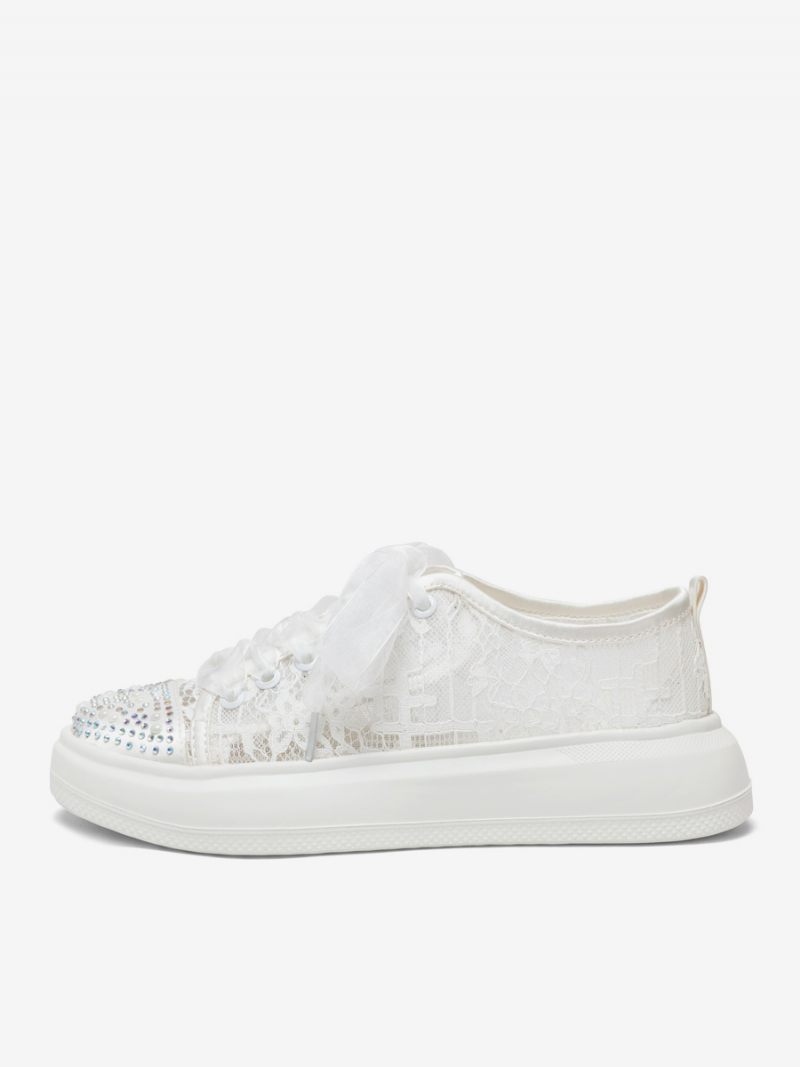 Chaussures Mariage Dentelle Pour Femmes Strass Bout Rond Plates Mariée À Lacets - Ivoire